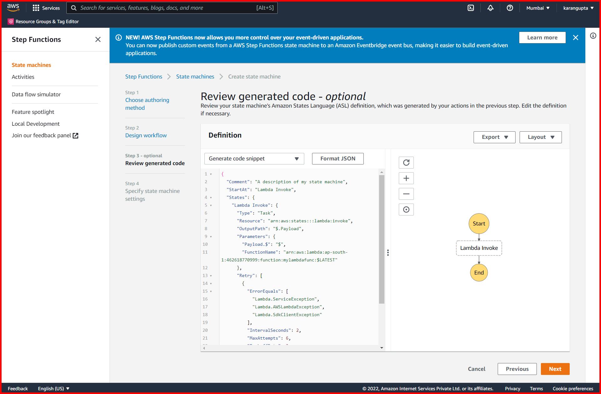 Picture showing the generated json code of the step function along with the visual flow